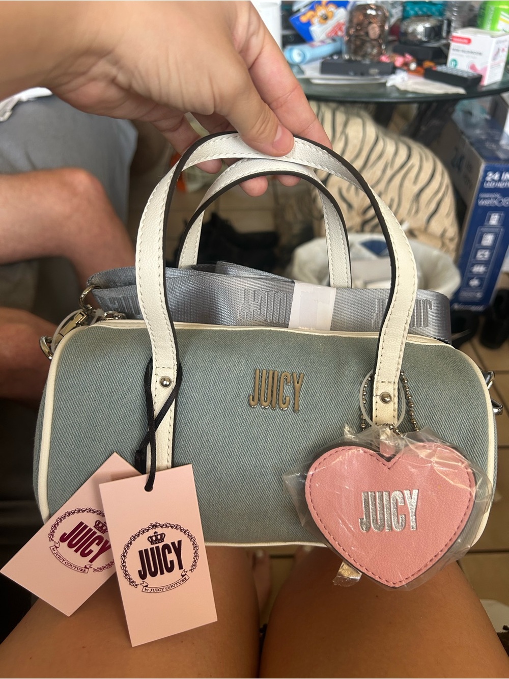 Juicy Couture Light Blue Mini Satchel with White Trim and Pink Heart Charm